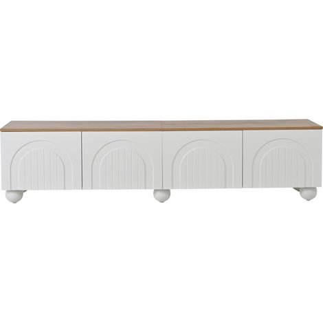 Meuble TV MDF 180x40x45 cm avec 4 portes et 6 pieds métalliques, blanc et imitation bois, pour téléviseur jusqu'à 80 pouces (1/5)