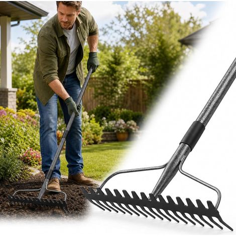 Bow Rake 17 Teeth Metal Rake Heavy Duty 4FT Garden Rake with Stainless Steel Handle, Grey (1/5)