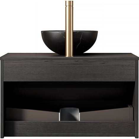 Meuble vasque suspendu 80 cm avec vasque noire en céramique effet pierre, placage stratifié rayé chêne clair, tiroir en bois massif, éclairage LED à capteur, noir (1/5)