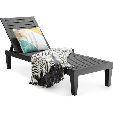Costway – Bain de soleil inclinable noir – Dossier réglable 5 positions – Capacité 180 kg – Matériau PP résistant aux intempéries – Dimensions 190 x 57,5 x 29 cm