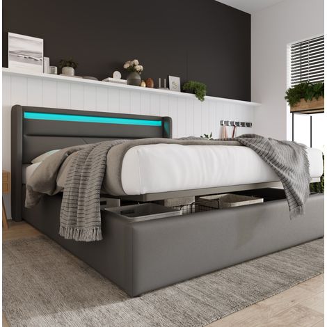 lit adulte double rangement LED 160x200 gris OKMYHOME (1/5)