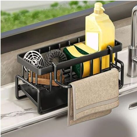 Rangement et Organisation de Cuisine, Organisateur d'évier en Acier Inoxydable avec bac d'écoulement Automatique pour Porte Eponge, Porte Serviettes, Super Accessoires pour Salle-Noir (1/4)