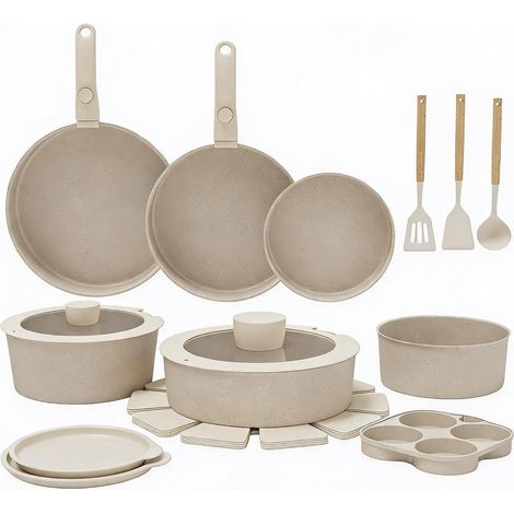 Batterie de cuisine 21 pièces blanc‑crème, poignée amovible antiadhésive, tous feux avec poêle à griller et cuiseur vapeur (1/5)