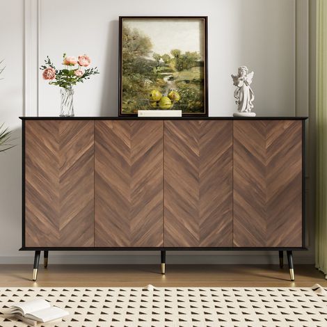 Buffet Design Motif Chevrons - 140x40x80cm - 4 Portes avec Étagères Réglables - MDF et Métal - Noir et Bois (1/5)
