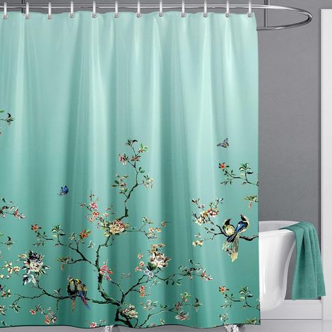 Cortina de ducha con estampado de pájaros y flores, 72 x 72 pulgadas (≈183 x 183 cm), ojales inoxidables. (1/5)