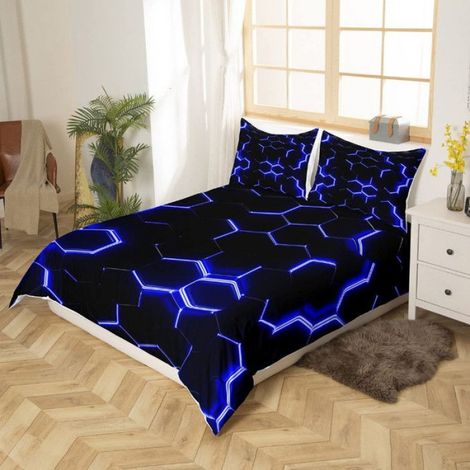 200x200cm Housse de Couette en nid d'abeille Géométrique Bleu et Noir Housse de Couette Hexagonal Parure de Lit en nid d'abeille (1/5)
