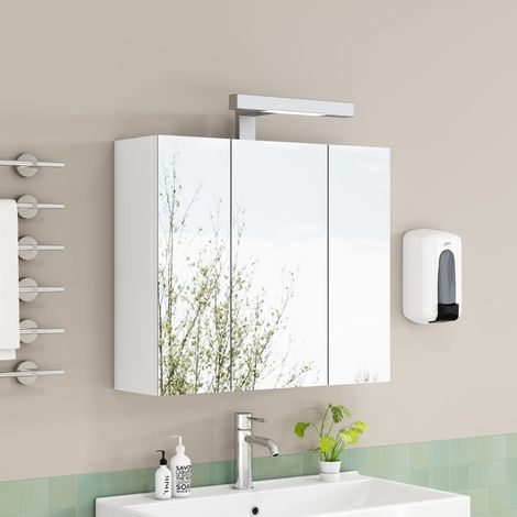 Armario de baño blanco de 60 cm para montaje en pared con espejo, 3 puertas, iluminación LED y enchufe francés, estantes de cristal regulables en altura y bisagras de cierre suave. (1/5)