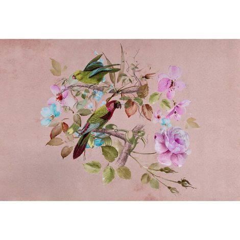 Papier peint panoramique pastel motif floral Tapisserie panoramique fleurie avec perroquet multicolore Papier peint panoramique cuisine & salon (1/2)