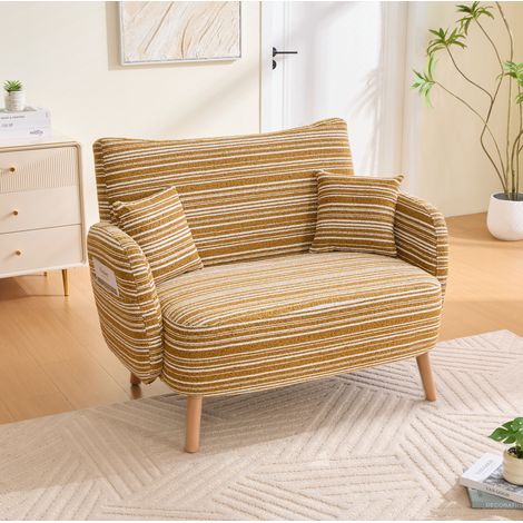 Canapé 2 places 121x81.5x87 cm, assise moelleuse, poche latérale, pieds en bois massif, bouclé jaune moutarde (1/5)