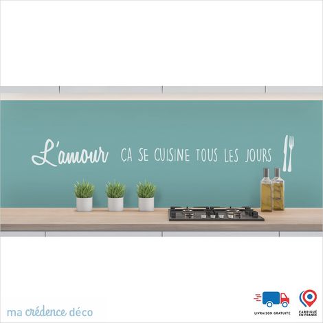 Crédence : L'AMOUR ÇA SE CUISINE 2 - Couleur Bleu turquoise - Alu composite - 60 - 180 (1/3)