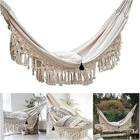 Garden Hammocks with Lace Tassels Backpack Cotton Camping Swing Load-bearing 250kg for Patio, Travel, Camping MUMU (1/4)