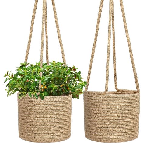 Hanging Planters, Jute Rope Hanging Basket, Woven Plant Hanger, Indoor Hanging Plant Holder with Long Hanging Rope, 8" Decorative Storage Organizer Baskets for Plants, Pots, Home Decor, 2 Pack (1/5)