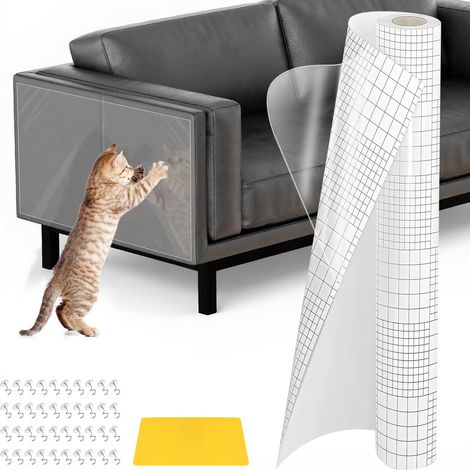Protection Canape Chat Anti Griffe, 5m x 45cm, Griffoir Chat Canapé avec 40 Vis et 1 Grattoir, Protège Canapé Forte Adhérence, Film Autocollant Meuble Transparent, Protege Mur Cuisine Porte Comptoirs (1/5)