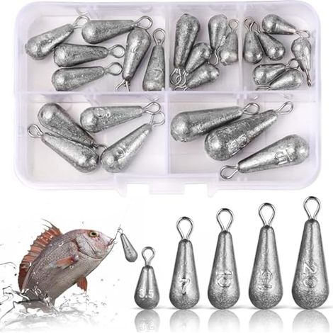 24 pièces plombs de pêche mer, plombs mixtes 3,5g 7g 10g 15g 20g, plombs fer avec émerillon pour eau profonde et flottante