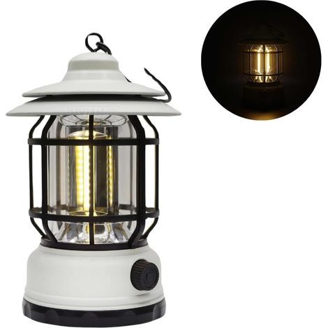 Wiederaufladbare, tragbare Laterne für Camping, warmweißes Licht, klassischer Retro-Stil, weiß (1/5)