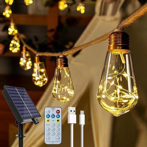 Guirnalda de luces solares para exteriores con 16 bombillas, 8 metros de longitud, mando a distancia y temporizador (1/5)