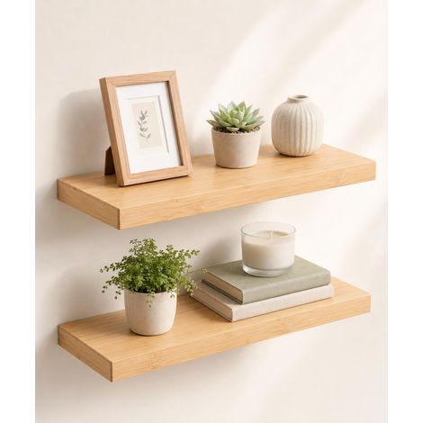 Étagères Murales en Bambou pour Salon en Bois, 60 x 20 cm Lot de 2 Supports cachés, pour livres, plantes, cadres photo et décoration, salon, chambre, cuisine et salle de bain (1/5)