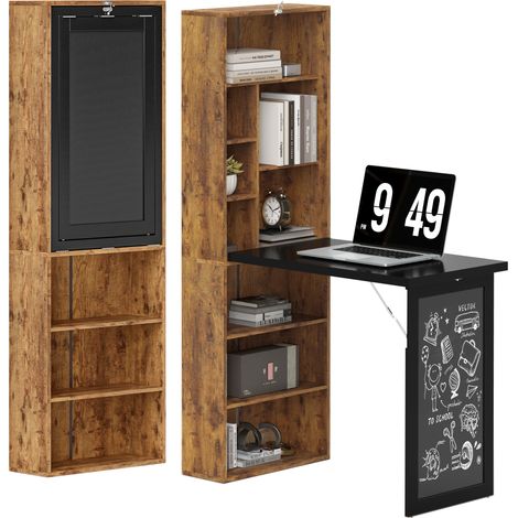 Scrivania pieghevole con lavagna multifunzione, postazione di lavoro per computer e ufficio con ripiano laterale, colore marrone rustico.
