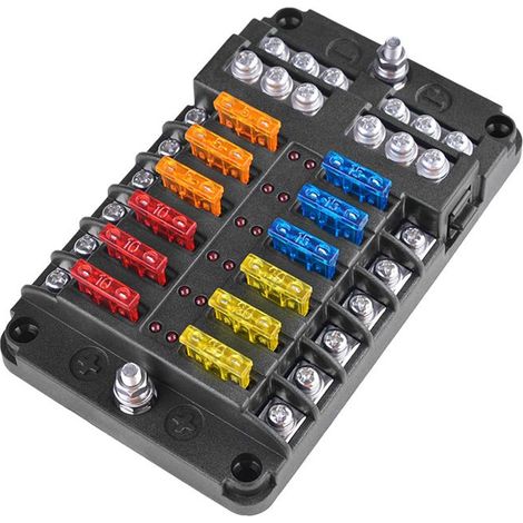 Sicherungskasten mit LED-Anzeige, feuchtigkeitsbeständiger Abdeckung – 12 Stromkreise mit Minuspol, Schraubhalterung für PKW, Boot, Wohnmobil, LKW, Sicherungen im Lieferumfang enthalten
