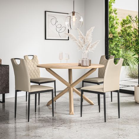 Malvern Round Dining Table And Chairs - Oak Table Top w Solid Oak Legs + Monza Faux Leather Dining Chair Set Of 4 (Beige) (1/5)