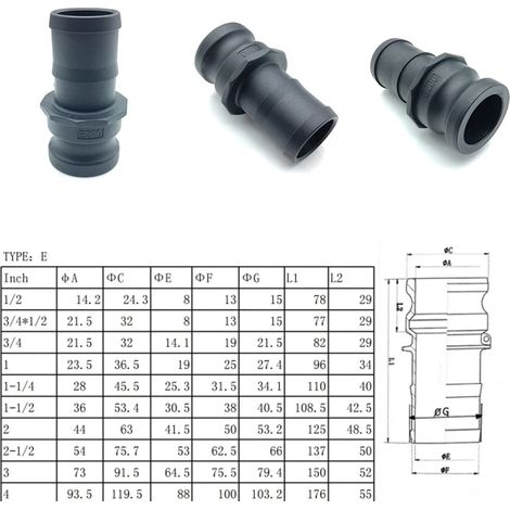 Raccord rapide à came en PP (type E-1) A B C D DC DP E F Adaptateur de tuyau en plastique pour eau, produits chimiques, irrigation agricole (1/5)
