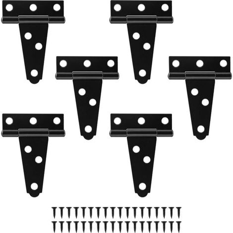 Lot de 6 charnières noires en T pour porte de grange, abri de jardin ou cltures en bois, 5 cm (1/5)