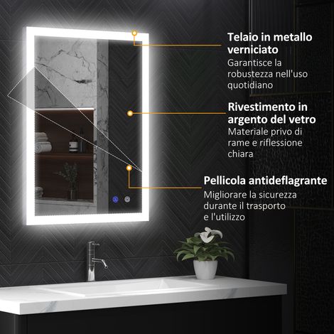 Miroir LED de Salle de Bain Anti-Buée, 3 Couleurs et Intensité Lumineuse Réglables, Cadre en Métal et Verre, 80x60x3 cm (1/5)