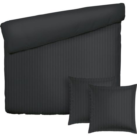 Parure 3 pièces, Housse de Couette 260x240 + 2 taies 63x63, Satin de Coton Dobby Rayures, TC200, 120 g/m², Noir (1/5)