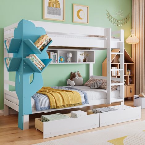 Letto a castello 90x200 cm, letto per bambini con 2 cassetti e scomparti aperti, spazi di archiviazione, telaio del letto in pino, Bianco (1/5)