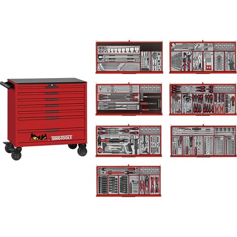 Servante d'atelier rouge professionnelle 7 tiroirs - Midi master set - 595 outils Teng Tools TKW37R595T (1/5)