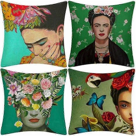 Ensemble de 4 housses de coussin décoratives Frida Kahlo (peinture à l'huile) - 45 x 45 cm - 2025 - Idéal pour canapé, lit ou voiture (1/4)