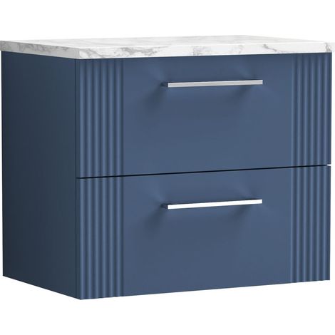 Belvide Partial Fluted 2 Drawer Wall Hung Vanity Unit with Carrera Marble Laminate Worktop - 600mm - Satin Blue
