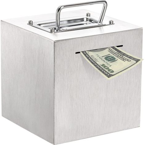 Tirelire en forme de tirelire pour adultes, cubique, en acier inoxydable, 15 cm, pour argent, aide, budget, vacances, mariage, en métal, réutilisable. (1/5)