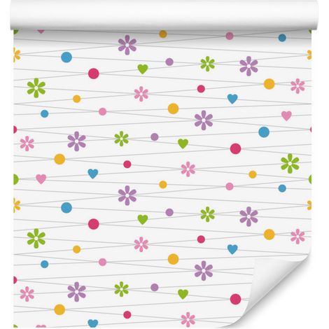 Papel pintado con flores, corazones y puntos de colores para salón y dormitorio, 50x1000 mm. (1/5)