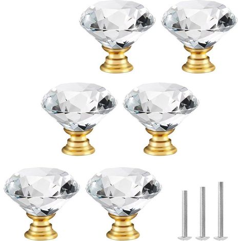 Lot De 6 Bouton de Meuble Cristal Poignées de Meubles de Placard en Cristal de 30 mm Forme de Diamant avec Base d'or Boutons d'armoire en Verre Transparent (1/5)