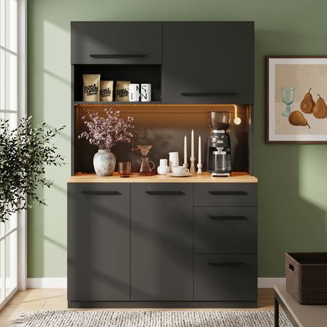 Buffet haut 120 × 40 × 180 cm avec LED prises USB-C et USB-A multiple rangement étagères réglables éclairage couleur noir (1/5)