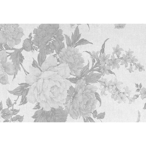 Papier peint panoramique floral gris & blanc Tapisserie panoramique vintage motif fleur Papier peint panoramique salon fleuri effet textile (1/3)