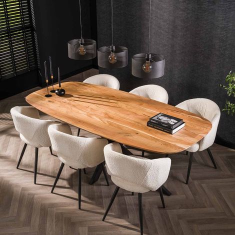 M&S – Table de salle à manger rectangulaire 215x105 cm – Acacia naturel et métal – Angles arrondis – Piètement étoilé