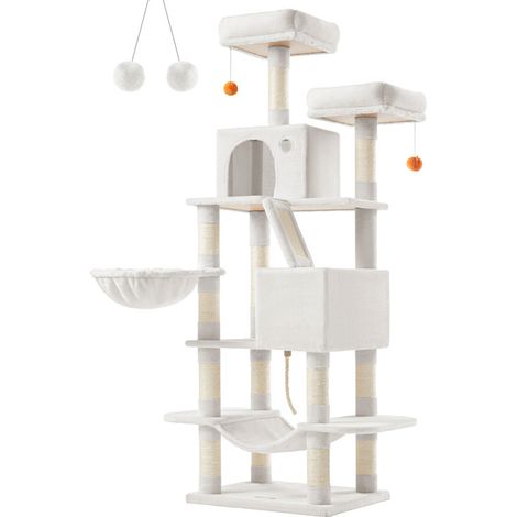 Feandrea – Arbre à chat 168 cm – 5 niveaux avec 13 griffoirs, 2 niches, 2 plate-formes, panier et hamac – Tissu peluche blanc crème