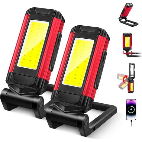 Lampe Travail Led Rechargeable, Baladeuse Led Mecanicien, Lampe Torche, Lampe Atelier Cob, Support Rotatif et Crochet Magnétique Pliable, Idéal pour Réparations,Ateliers, Camping Les Urgences, 2 Pièce (1/5)