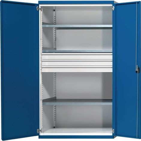 Schwerlastschrank B1085 x T630 x H1950 mm RAL7035/5010 o. Mittelwand 3 Böden, 3 Schubladen 100 kg (1/2)
