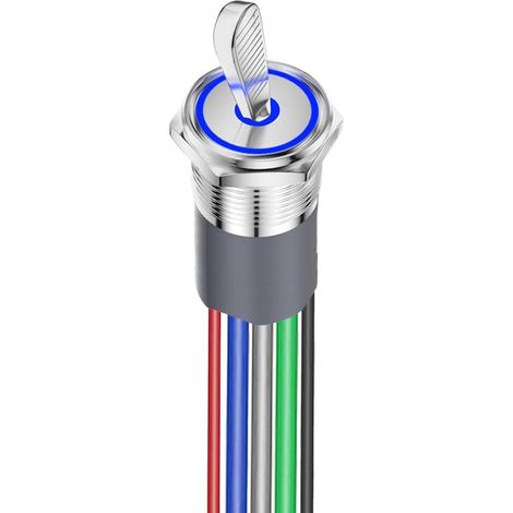Interrupteur à Bascule LED ON-OFF, Grand Rond 12V-24V 16mm avec Éclairage Bleu, Électrique Étanche IP67 Argent Chrome Laiton Métal (1/5)