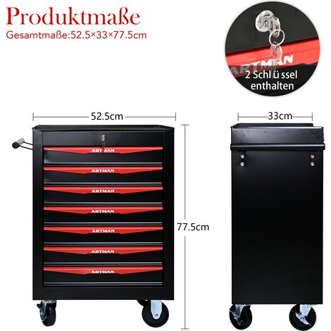 Fahrbarer Metall-Werkzeugschrank mit 7 Schubladen, 508 mm (20 Zoll) Werkzeugschrank mit 7 Schubladen und kugelgelagerten Schubladenführungen, organisierende Stahl-Werkzeugbox – schwarz-rot (1/5)