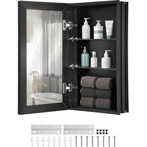 VEVOR Armadietto per Medicinali 355 x 610 mm Armadietto per Medicinali con Specchio per Bagno con Anta a Specchio, Ripiani in Vetro Regolabili, Installazione a Incasso e a Parete, Telaio in Alluminio