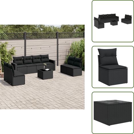 Tavolo da giardino - vidaXL Set Divani da Giardino 9 pz con Cuscini Nero in Polyrattan - Rattan PE