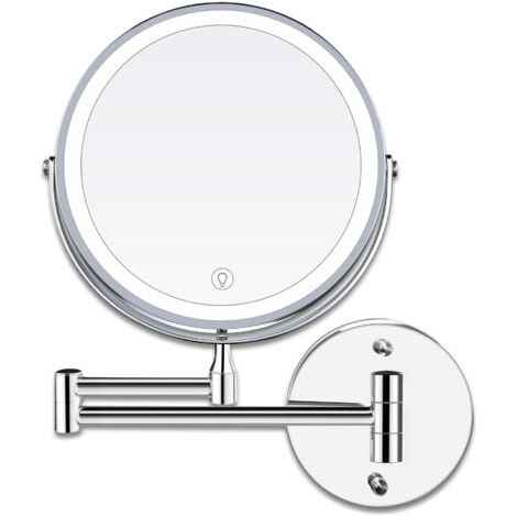 8 Pouces LED Miroirs Maquillage Mural Miroir Grossissant Lumineux, 1x/10x Grossissement Charge USB Réglable à 3 Couleurs, 360°Pivotant Extensible, pour Salles de Bain (1/5)