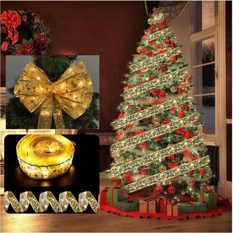 LED string lights, decorative satin ribbon, Christmas tree decoration, 5 meters, 50 lights, three battery packs with flashing light, warm gold ribbon (1/5)
