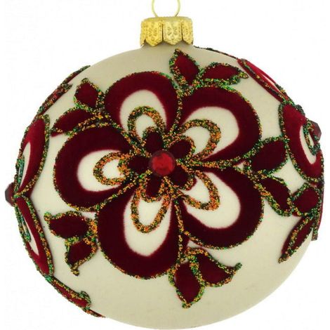 Pallina per albero di Natale in vetro con motivi floreali in  velluto bordeaux da 10 cm (1/4)