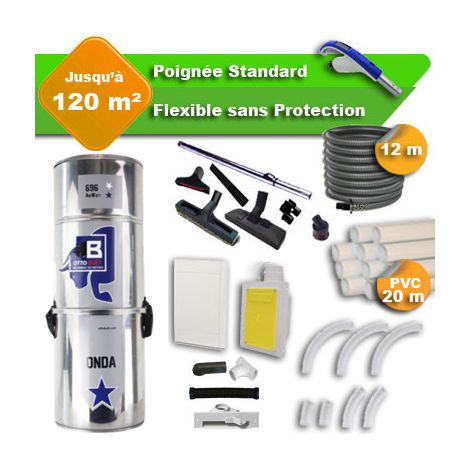 Aspiration centralisée sans sac OTTO BULL ONDA 400 INOX garantie 2 ans + flexible rétractable 12 m standard + 7 accessoires + kit 1 prise RETRAFLEX + kit prise balai (rayon d'action 120 m2) (1/5)