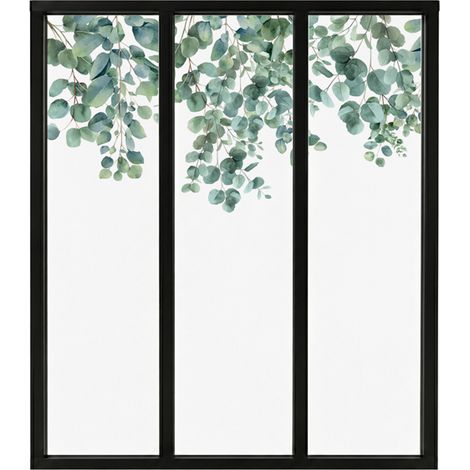 Verrière atelier intérieure aluminium noir 3 vitrages 102 x 117 cm - Décor végétal - Eucalyptus in Rain - vert et transparent - Verre trempé (1/5)